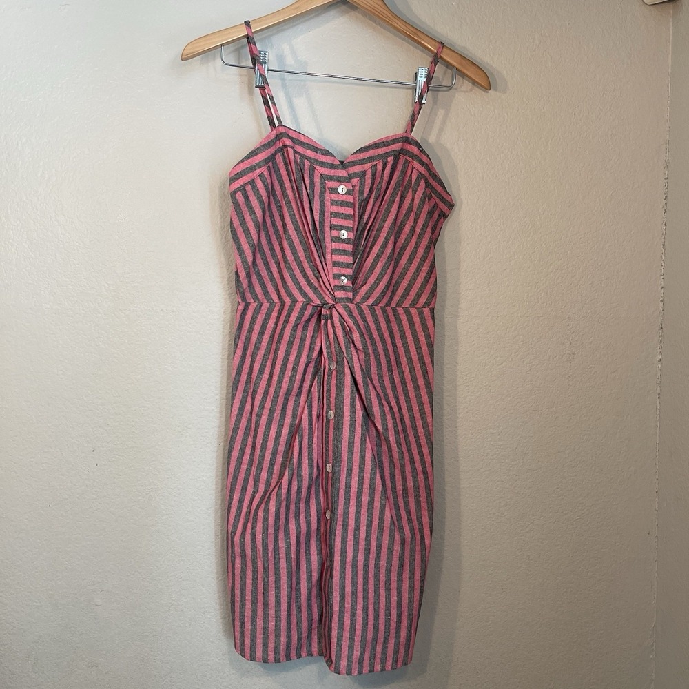 Promesa Small 100% Cotton Pink/Gray Striped Sun Dress Spaghetti Strap Summer
